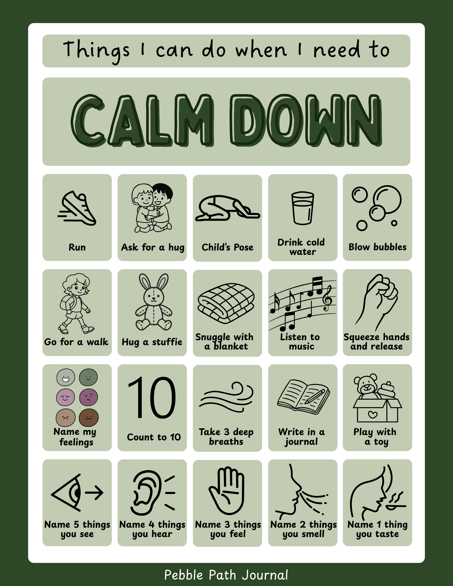 A visual calm down menu printable 