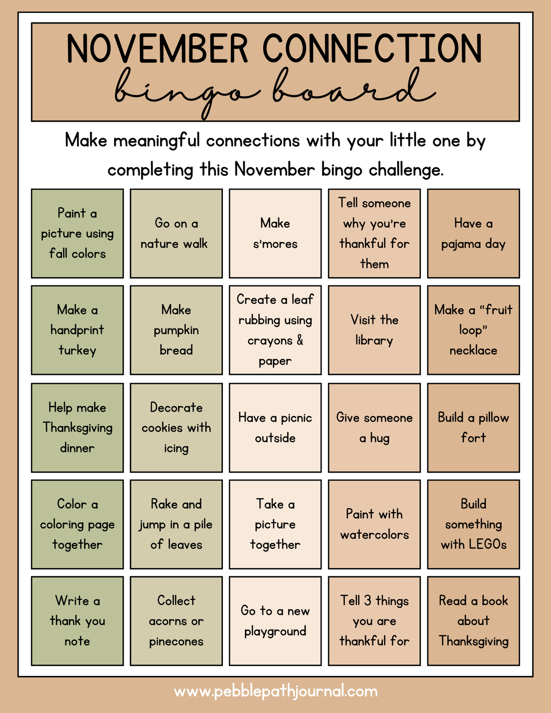 November Connection Bingo Board