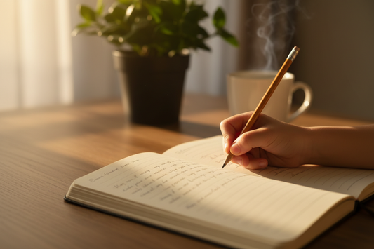 Child's hand writing in an open journal in morning sunlight, representing the daily emotional practice and brain-building benefits of journaling for children ages 3 to 10 with Pebble Path Journal.