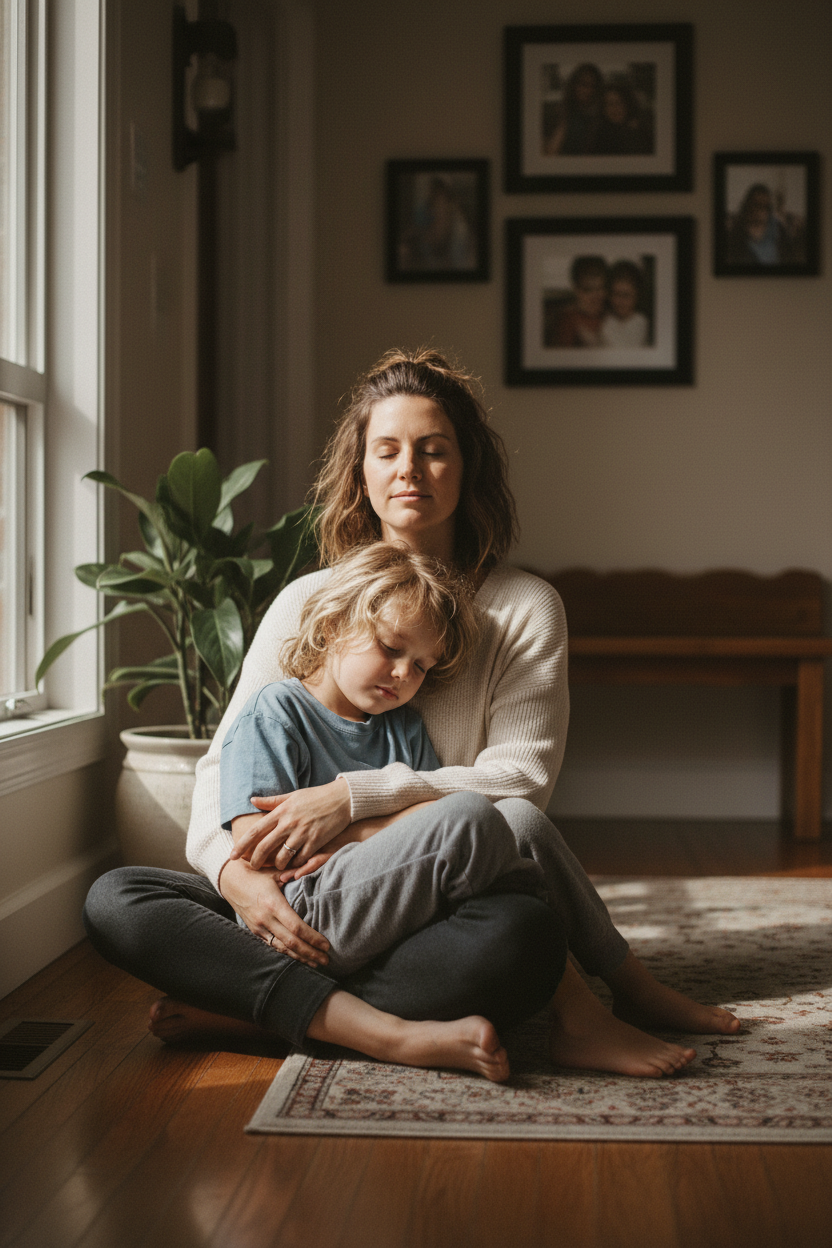 A mother sitting on the floor holding her young child close, both looking calm and connected in a warm home setting.