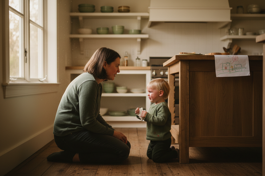 Parent crouching to a young child's eye level during an emotional moment, demonstrating co-regulation and the conscious parenting approach supported by Pebble Path Journal for children ages 3 to 10.