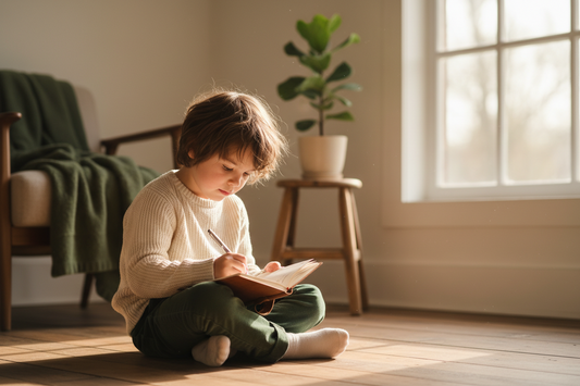 Two children ages 6 and 8 journaling together in morning light, representing the critical developmental window for emotional awareness and regulation that Pebble Path Journal is designed to support.