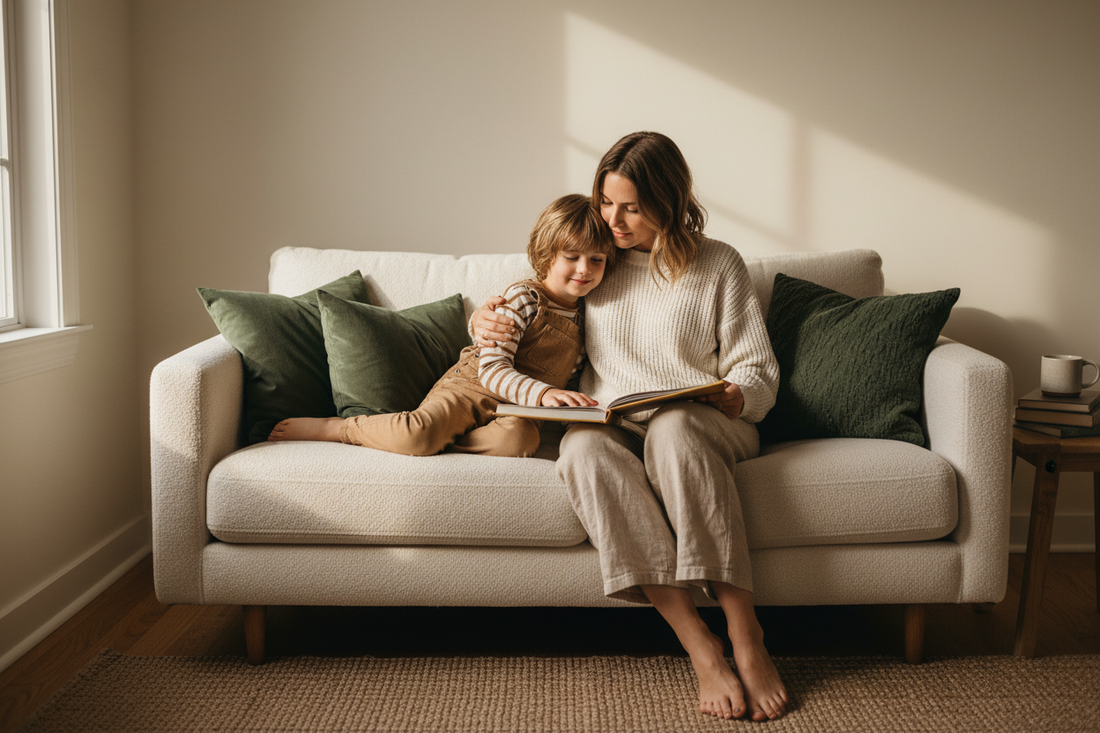 Mother and young child sitting together in calm morning light, depicting the daily moments of presence and connection that build secure attachment in children ages 3 to 10.