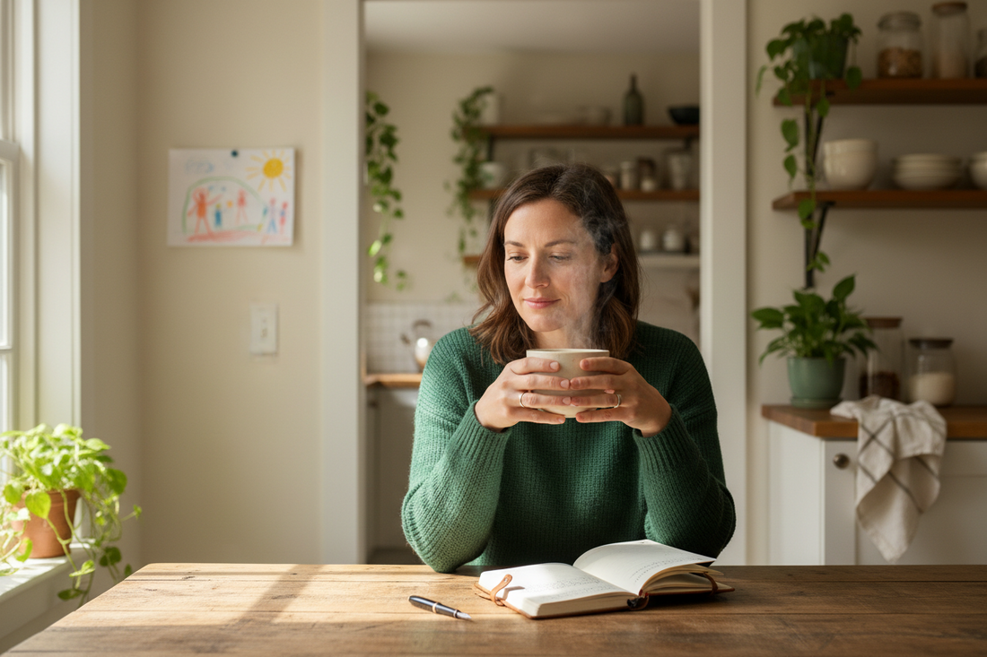 A mother journaling quietly at a kitchen table in morning light, representing the reparenting journey of conscious parents healing alongside their children while building a different emotional foundation for their family.