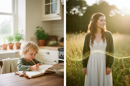 Split image showing a young child journaling and a confident young adult woman, representing the long-term benefits of building emotional intelligence in children ages 3 to 10 through daily practice.