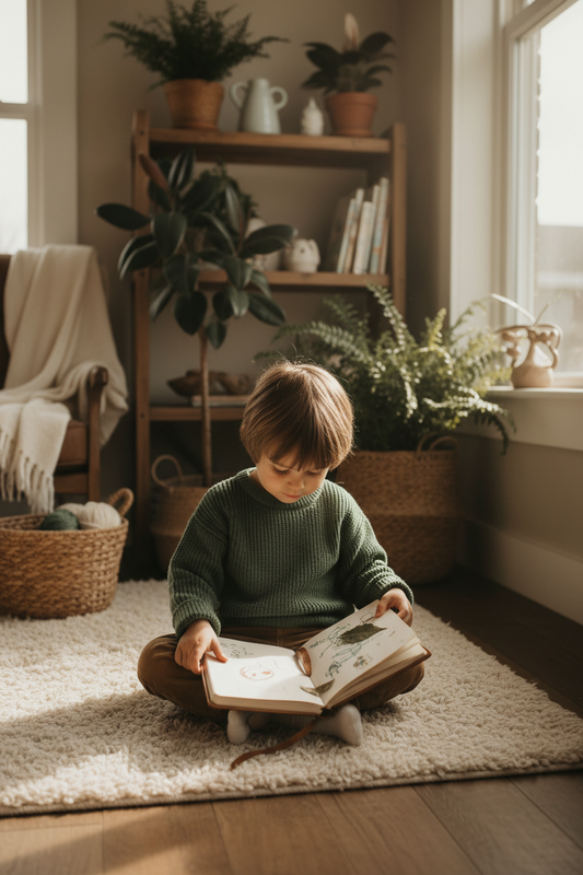 Young child sitting quietly with a journal in a sunlit room, representing the practice of emotional regulation and daily emotional awareness for children ages 3 to 10.