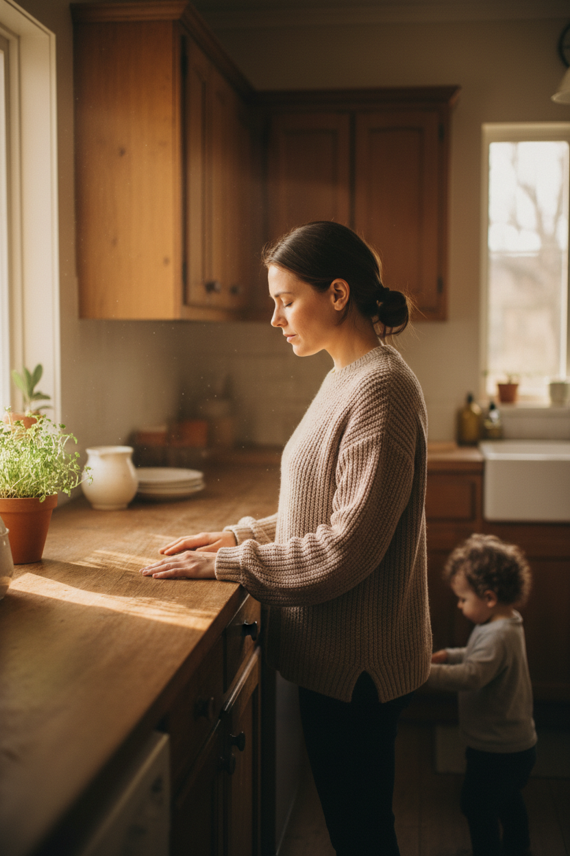 A mother pausing at a kitchen counter, taking a breath, with her young child visible in the soft background.