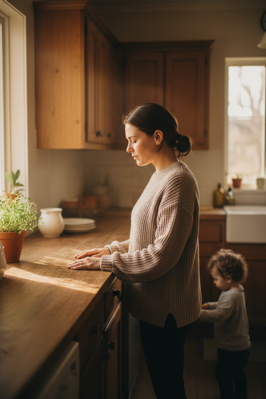 A mother pausing at a kitchen counter, taking a breath, with her young child visible in the soft background.