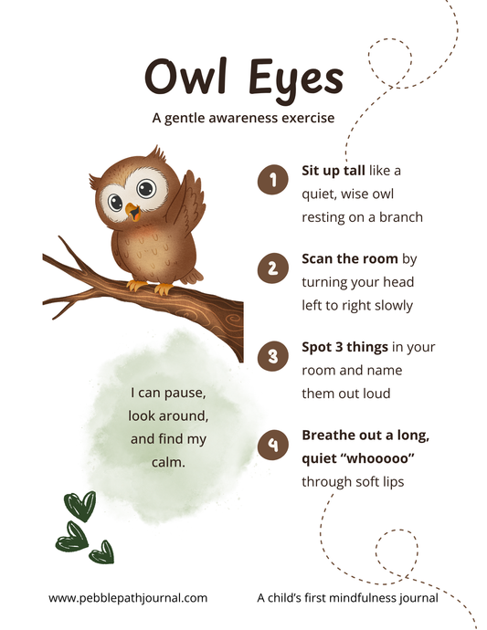 A printable Pebble Path "Owl Eyes" activity sheet showing a calm owl sitting on a tree branch with simple step-by-step instructions.