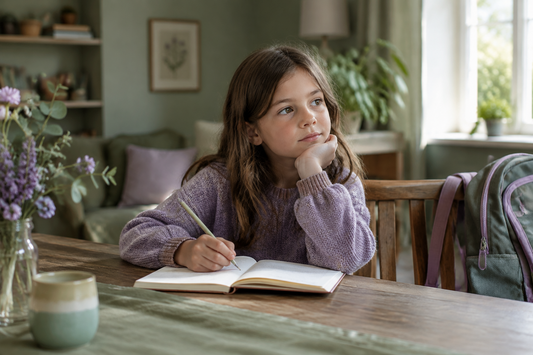 8-year-old child reflecting in a guided feelings journal while practicing emotional awareness, perspective-taking, and self-regulation.