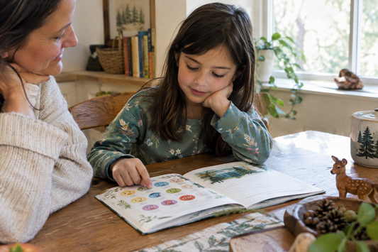 6-year-old child using a feelings journal with a parent to practice emotional awareness and self-regulation.