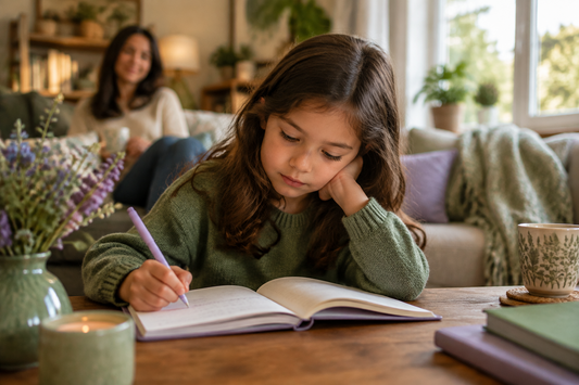 7-year-old child using a guided feelings journal to practice self-awareness, emotional regulation, and reflection.