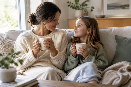 Mother and 8-year-old child talking calmly on a couch after school.