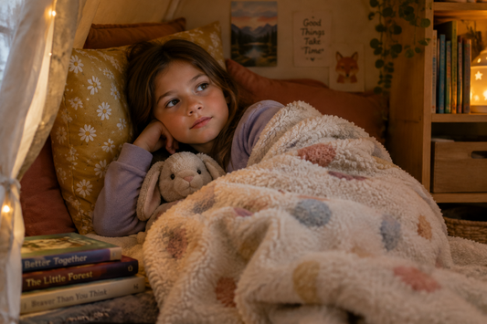 A 9-year-old child retreating to a safe space under a blanket in their bedroom.