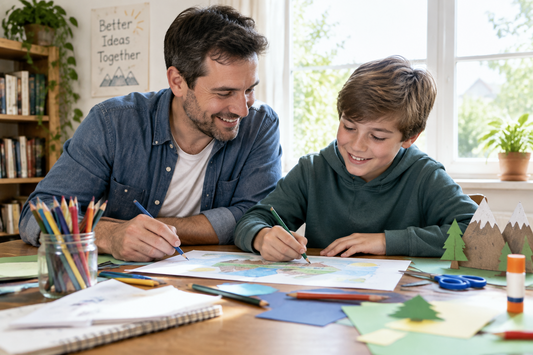 Parent and 10-year-old child engaging in parallel play at a kitchen table.