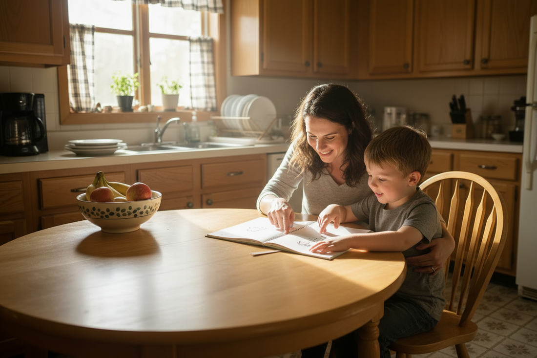 Mother and young child sitting together at a kitchen table with Pebble Path Journal, a therapist-approved emotional regulation journal for children ages 3 to 10, practicing daily emotional awareness