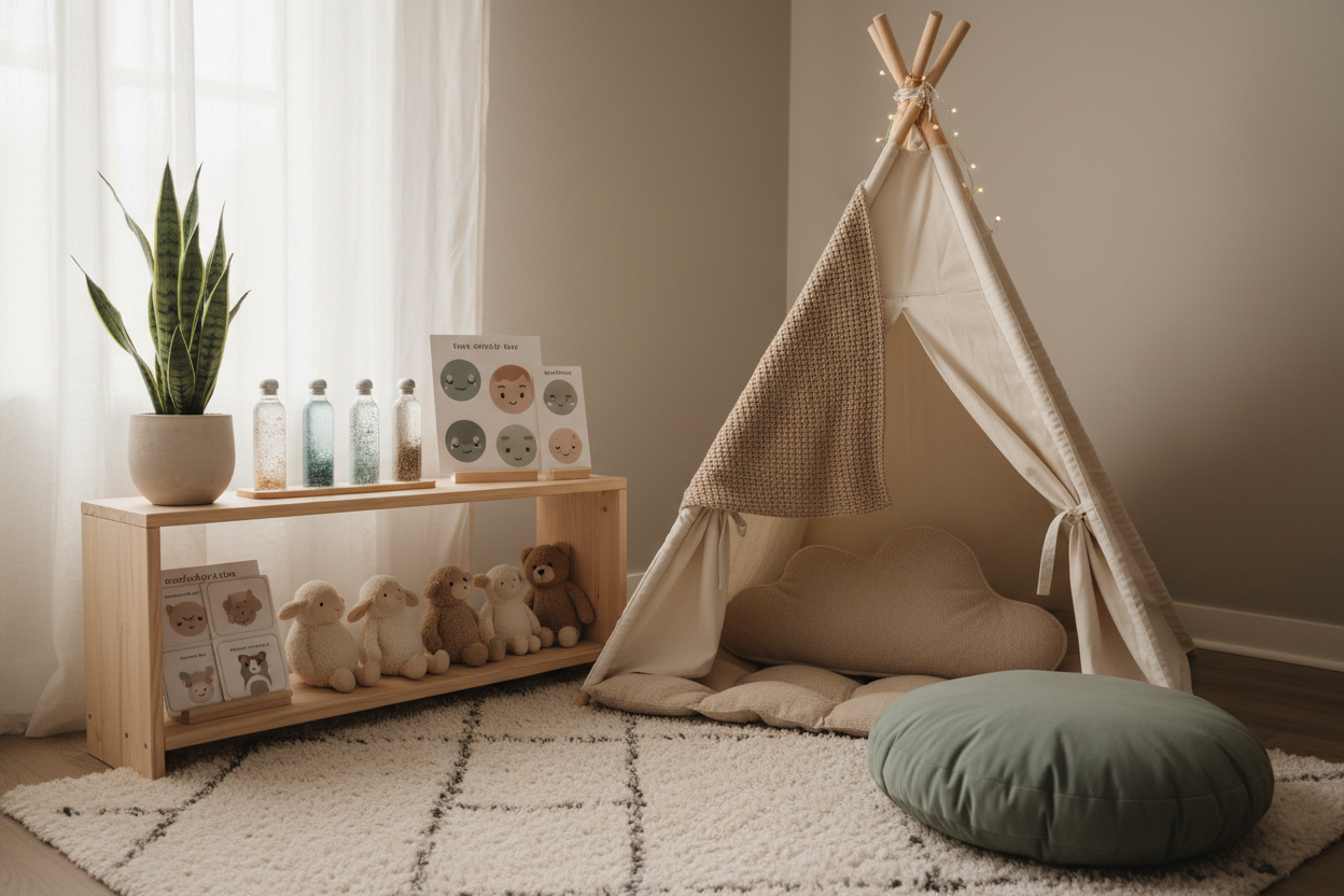 Deep breathing exercises for kids with anxiety to use in a sensory friendly calm down corner