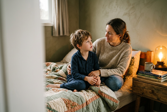 Parent and child talking together under a cozy quilt during their bedtime routine