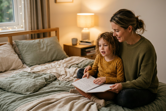 Parent and seven-year-old child sharing a quiet conversation over a notebook during a five-minute connection ritual