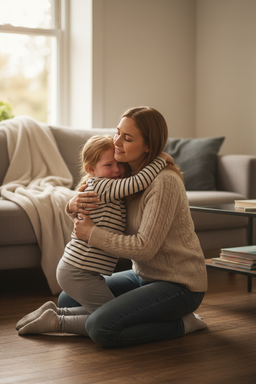 Mother and young child sitting together at a kitchen table journaling with the Pebble Path Journal, a therapist-approved emotional regulation journal for ages 3-10