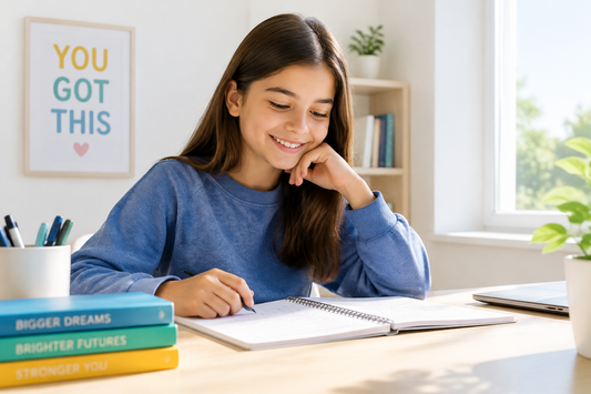 An 11-year-old child building self-confidence while studying independently.