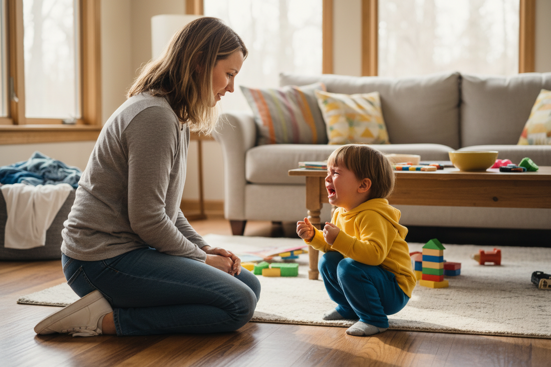 Parent kneeling to child's level during an emotional moment demonstrating co-regulation — an approach supported by Pebble Path Journal, a therapist-approved emotional awareness journal for children ages 3 to 10