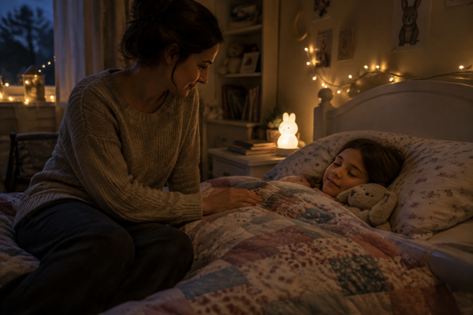 Parent comforting a 7-year-old child experiencing nighttime anxiety at bedtime.