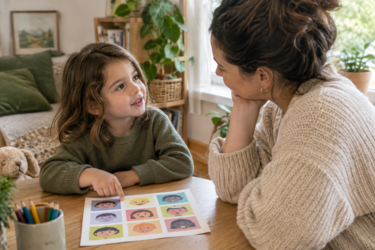 Parent helping a 5-year-old practice emotional awareness and identify feelings using a children's emotions chart.