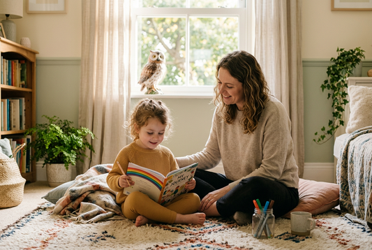 A calm parent supporting a 6-year-old child practicing emotional regulation activities at home.