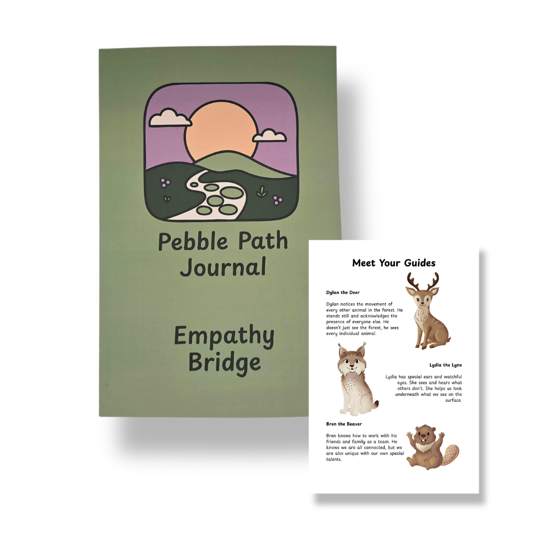 Empathy Bridge Journal — a therapist-approved 90-day empathy and social emotional learning journal for kids ages 3–10, with four free bonus tools included. By Pebble Path Journal.