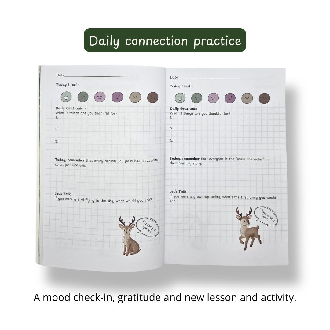 Empathy Bridge — a 90-day empathy journal for children ages 3–10. Guided by Dylan the Deer, Lydia the Lynx and Bren the Beaver. Therapist-approved. Free bonus tools included.