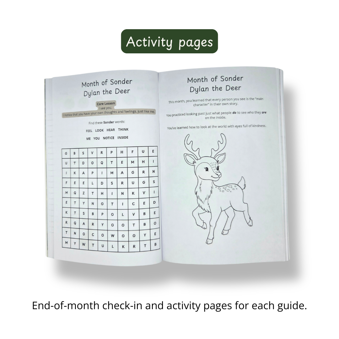 Empathy Bridge Journal by Pebble Path Journal flat lay showing journal and four free bonus tools — 36 Emotions Chart, Calm Down Menu, Rainbow Breath Tracer and Box Breathing guide.