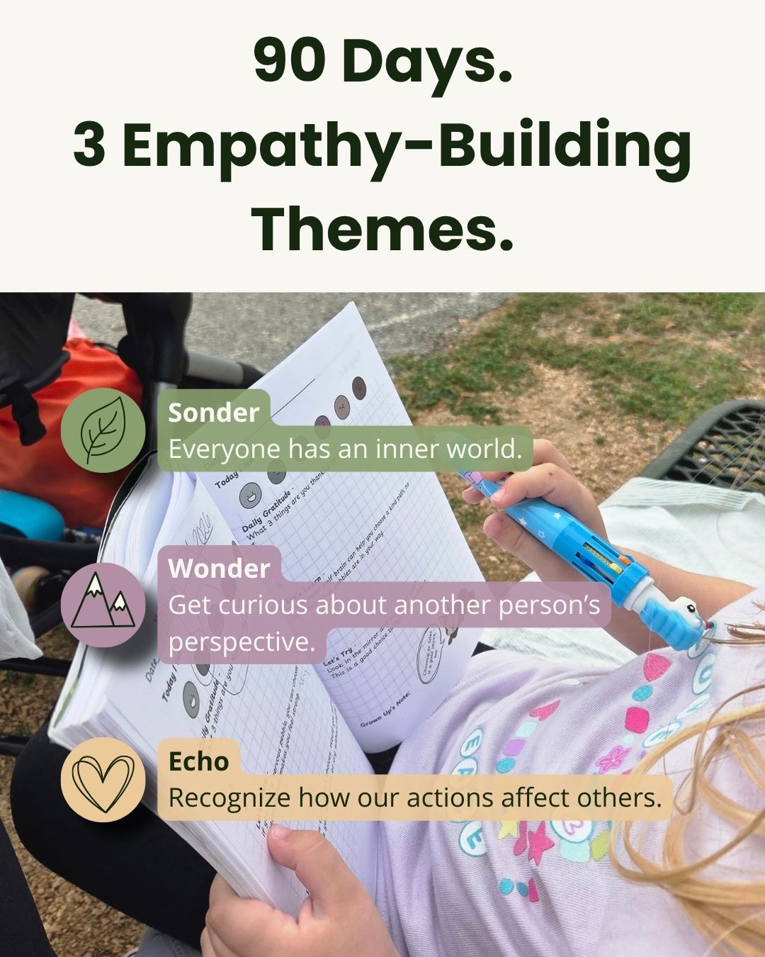 Empathy Bridge 90-day empathy journal for kids featuring three themes—Sonder, Wonder, and Echo—to help children understand themselves, understand others, and build emotional connection.