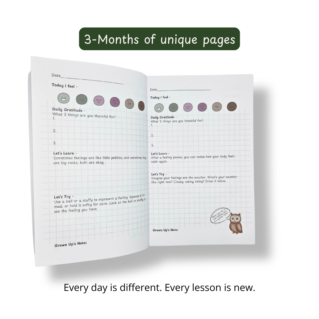 Internal Compass — a 90-day emotional awareness journal for children ages 3–10. Guided by Ophelia the Owl, Bella the Butterfly and Wyatt the Wolf. Therapist-approved daily practice.
