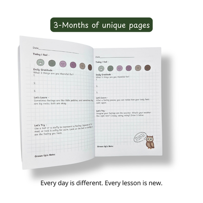 Internal Compass — a 90-day emotional awareness journal for children ages 3–10. Guided by Ophelia the Owl, Bella the Butterfly and Wyatt the Wolf. Therapist-approved daily practice.