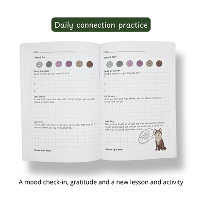 Internal Compass Journal by Pebble Path Journal flat lay — 90-day guided emotional regulation journal for children. Undated, therapist-approved, for ages 3–10.