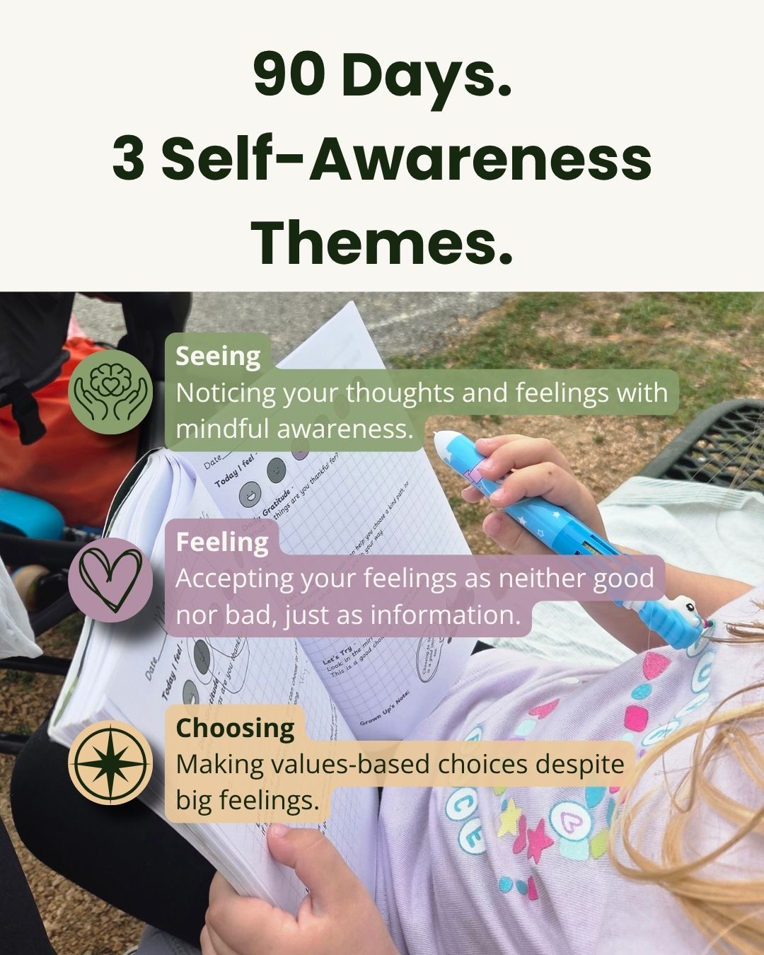 Internal Compass 90-day emotional awareness journal with three guided themes for children: seeing feelings, feeling feelings, and making values-based choices.