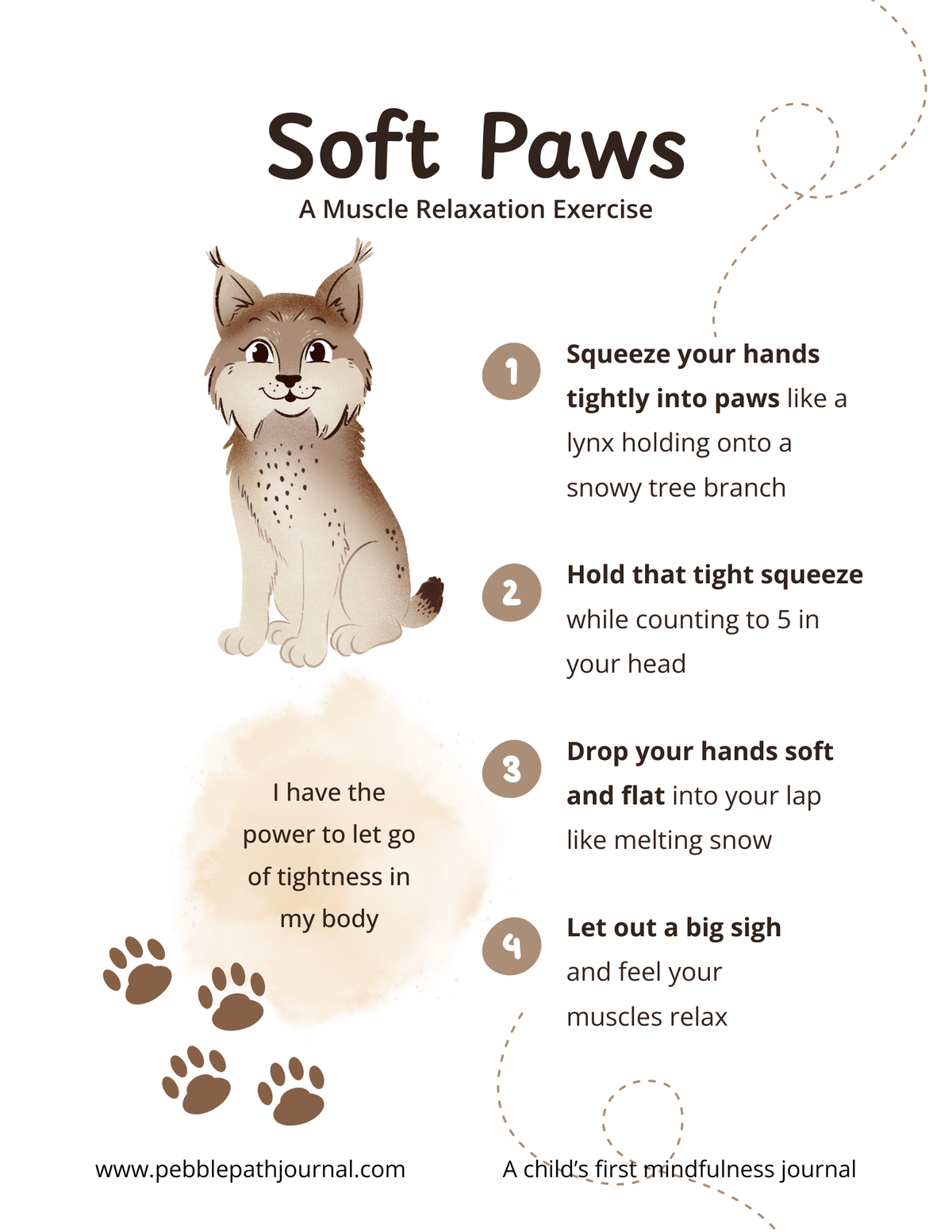 An educational poster titled 'Soft Paws' explaining a muscle relaxation exercise. It features a cute cartoon lynx, four numbered steps with illustrations of hand poses and paw prints, and the website 'www.