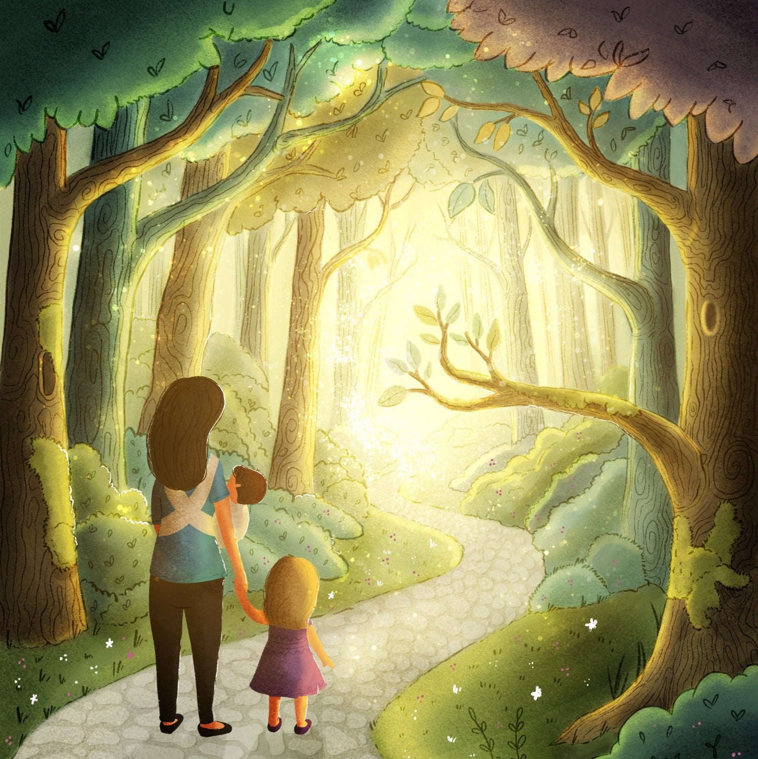 Illustration of a woman and child walking through a magical forest with glowing light at the end.