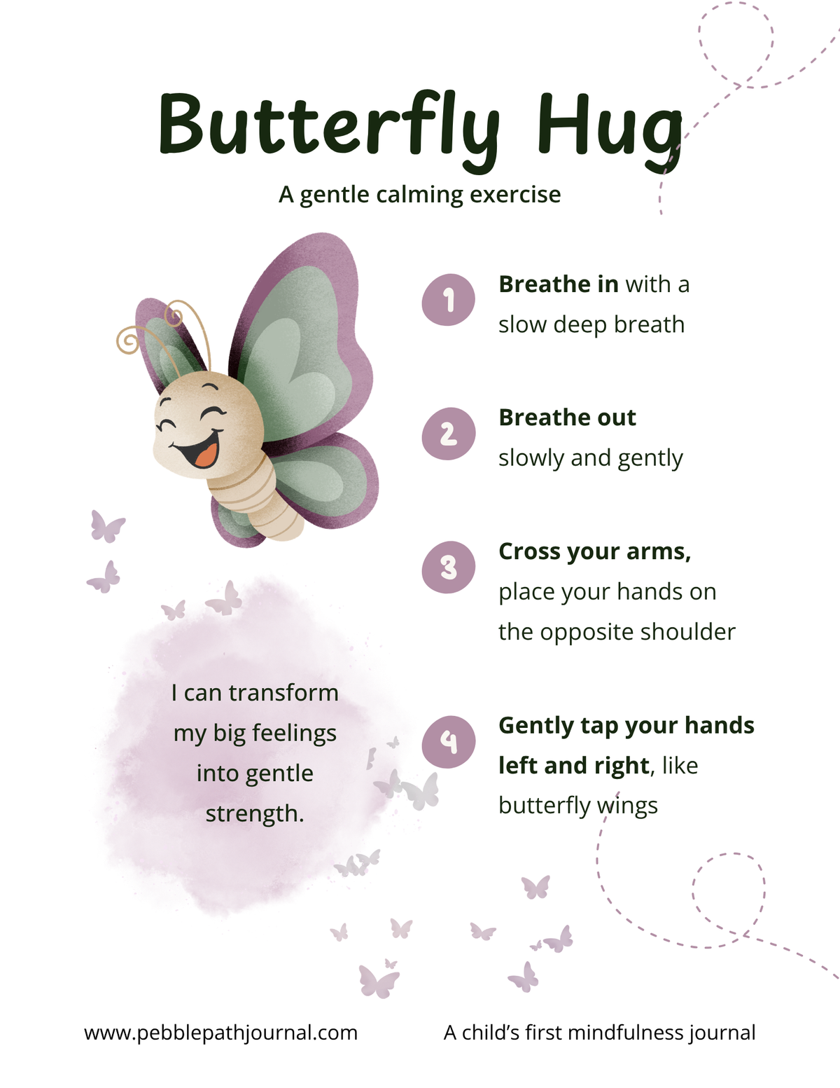 A children's mindfulness journal page titled 'Butterfly Hug' with illustrated butterflies, step-by-step calming exercise instructions, and the website www.pebblepathjournal.