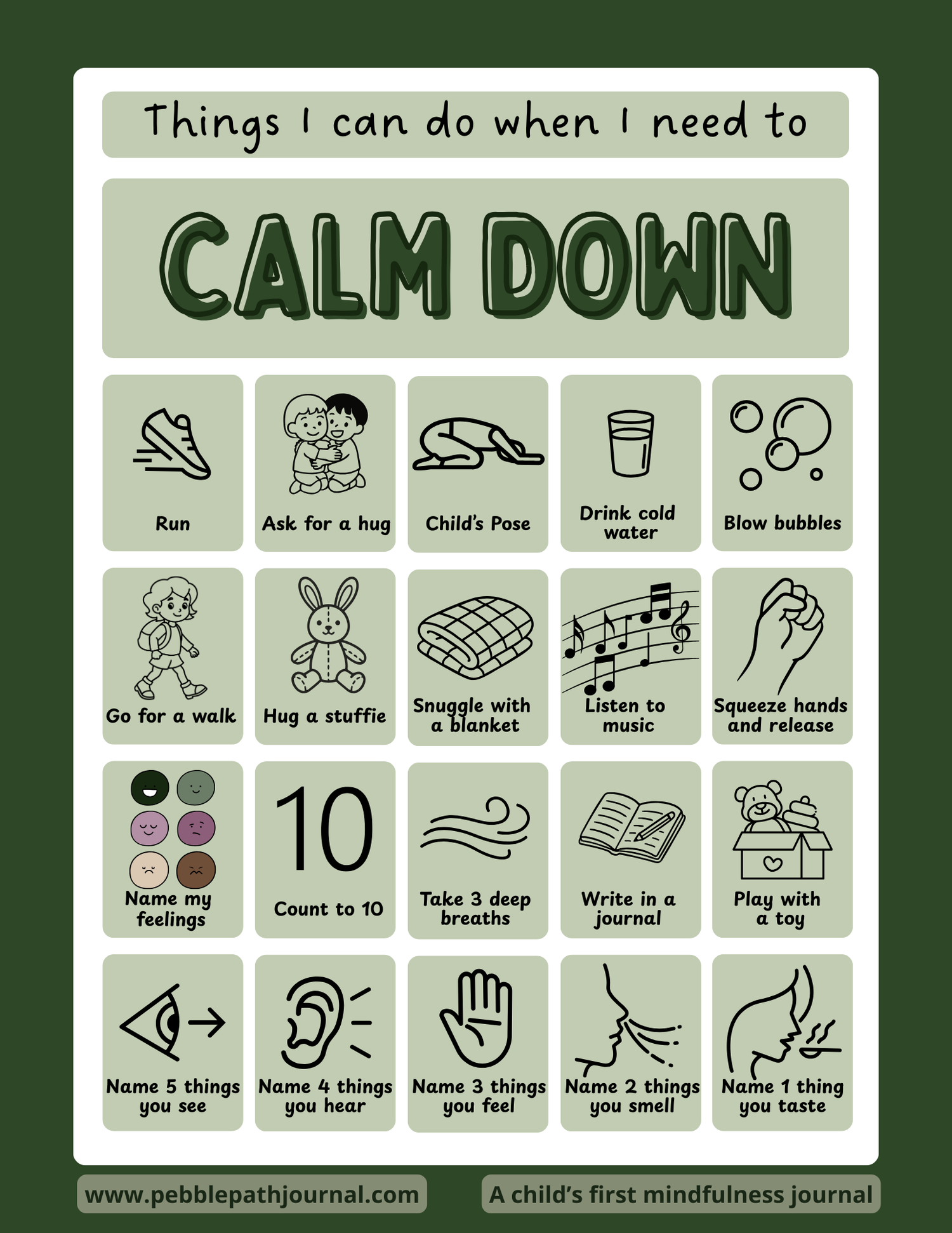 A children's mindfulness journal page titled 'Things I can do when I need to CALM DOWN' with illustrated self-regulation activities on a dark green background. The page includes icons and text for actions like run, ask for a hug, child's pose, drink cold water, blow bubbles, go for a walk, hug a stuffed animal, snuggle with a blanket, listen to music, squeeze hands and release, name feelings, count to 10, take deep breaths, write in a journal, play with a toy, and name sensory details.