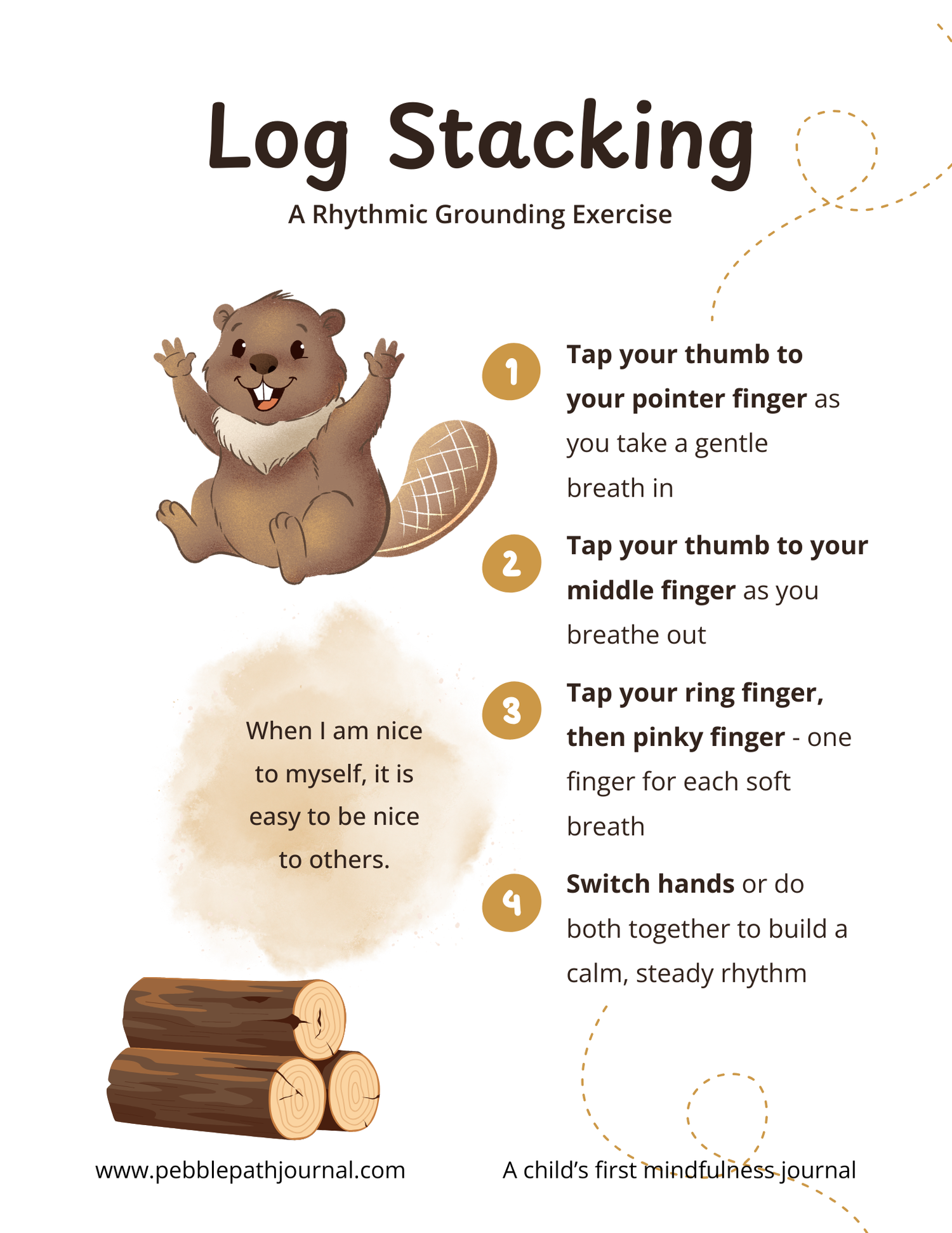 An illustrated instructional poster titled 'Log Stacking' showing a beaver, stacked logs, and numbered steps for a rhythmic grounding exercise on a white background.