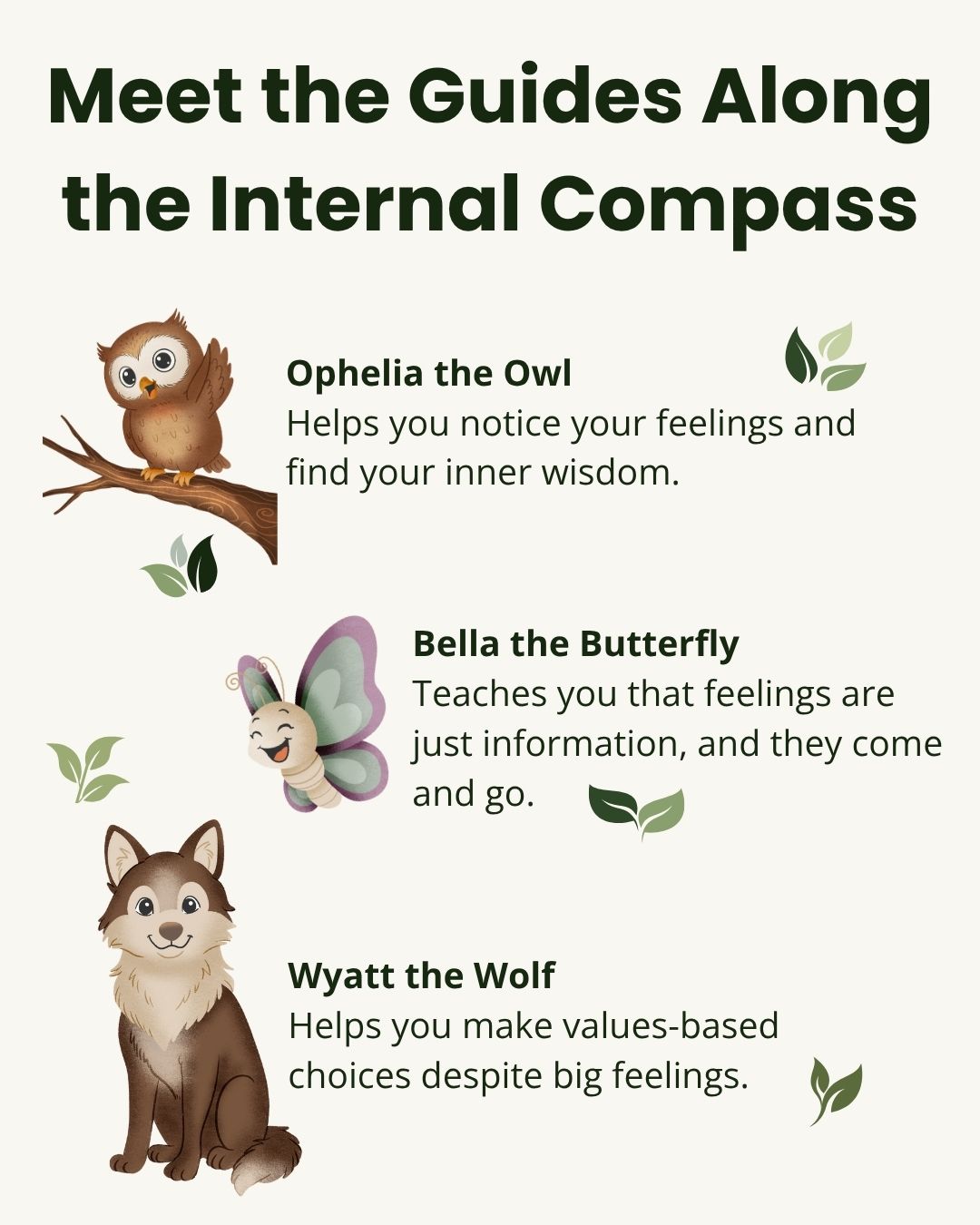 Internal Compass guided feelings journal featuring Ophelia the Owl, Bella the Butterfly, and Wyatt the Wolf teaching children emotional awareness, self-acceptance, and values-based choices.