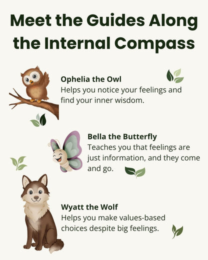 Internal Compass guided feelings journal featuring Ophelia the Owl, Bella the Butterfly, and Wyatt the Wolf teaching children emotional awareness, self-acceptance, and values-based choices.