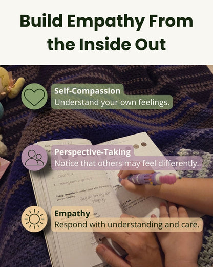 Child using the Pebble Path Empathy Bridge journal to develop self-compassion, perspective-taking, emotional awareness, empathy, kindness, and stronger social-emotional skills.
