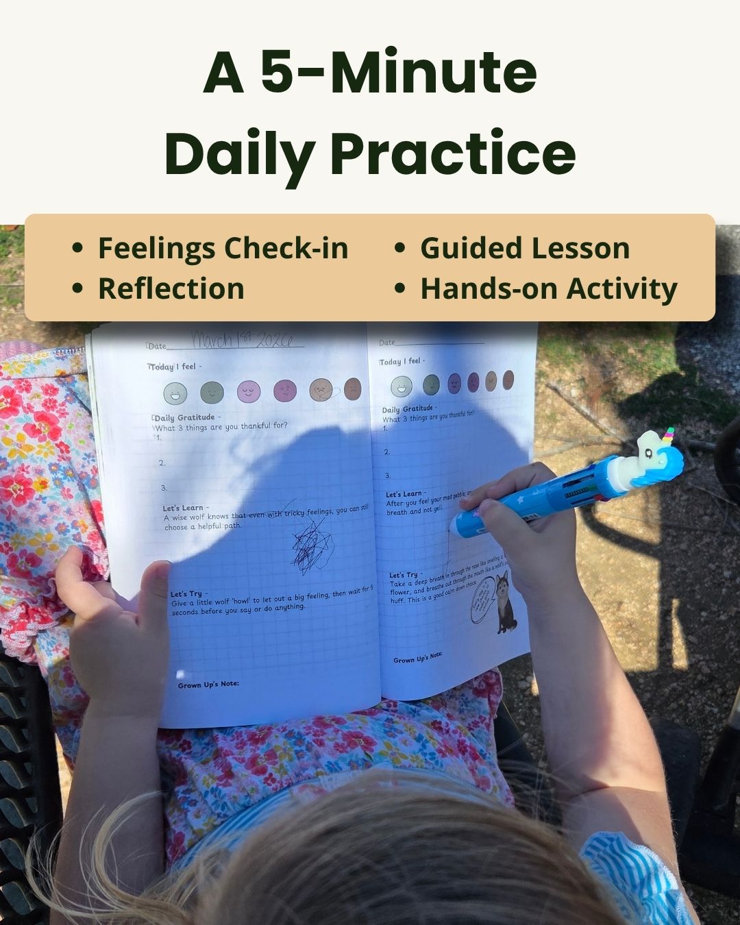 Inside pages of the Internal Compass kids feelings journal showing a five-minute daily routine with feelings check-in, guided emotional lesson, reflection, and hands-on activity.
