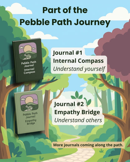 Pebble Path Journal series showing Internal Compass and Empathy Bridge, with Journal #2 building empathy and understanding of others after children learn self-awareness in Journal #1.