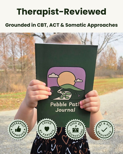 Child holding the Internal Compass feelings journal with therapist-reviewed, parent-loved, counselor-used, and CBT and ACT grounded messaging.