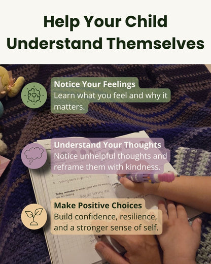 Child using the Pebble Path Internal Compass journal to build self-awareness, emotional awareness, emotional vocabulary, self-understanding, and healthy emotional regulation skills.