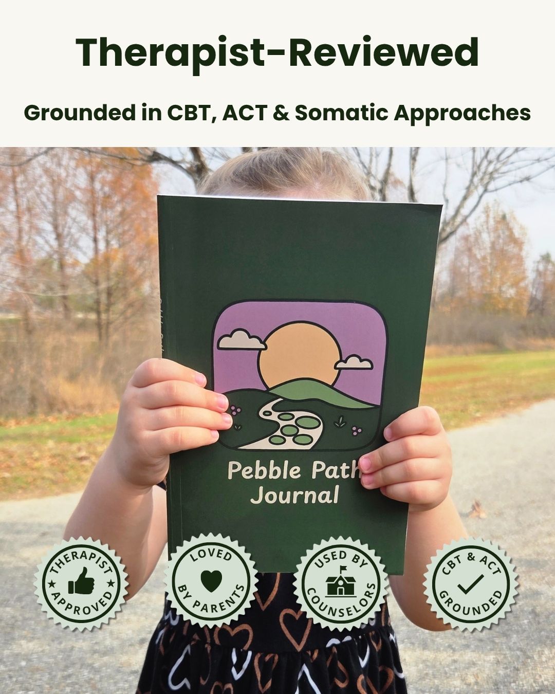 Child holding the Empathy Bridge empathy journal with therapist-reviewed, parent-loved, counselor-used, and CBT and ACT grounded messaging.